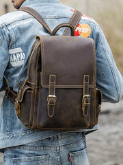 Dark Brown Cool Mens 15 inches Leather Computer Backpacks Travel Backpacks Laptop Backpack for men