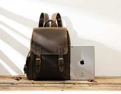 Dark Brown Cool Mens 15 inches Leather Computer Backpacks Travel Backpacks Laptop Backpack for men - imessengerbags