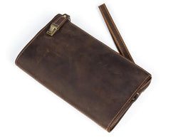 Dark Brown Cool Mens long Clutch Wallet Wristlet Wallet Clutch Bag Large Long Wallet for Men