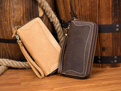 Cool Dark Brown Mens long Wallet Wristlet Wallet Clutch Wallet Yellow Brown Long Wallets for Men - imessengerbags