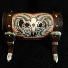 Cool Handmade RAM Skull Tooled Leather Mens Biker Saddle Bag Biker Barrel Side Bag Messenger Bag For Men - imessengerbags