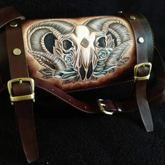 Cool Handmade RAM Skull Tooled Leather Mens Biker Saddle Bag Biker Barrel Side Bag Messenger Bag For Men - imessengerbags