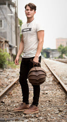 Dark Brown Unique Mens Leather 10-inch Small Backpacks Cool Beetle Backpacks Round Backpack for men - imessengerbags