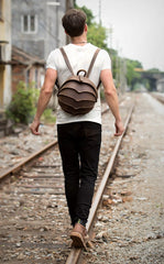 Dark Brown Unique Mens Leather 10-inch Small Backpacks Cool Beetle Backpacks Round Backpack for men - imessengerbags