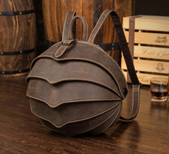 Dark Brown Unique Mens Leather 10-inch Small Backpacks Cool Beetle Backpacks Round Backpack for men