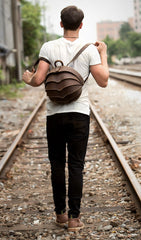 Dark Brown Unique Mens Leather 10-inch Small Backpacks Cool Beetle Backpacks Round Backpack for men - imessengerbags