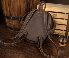 Dark Brown Unique Mens Leather 10-inch Small Backpacks Cool Beetle Backpacks Round Backpack for men