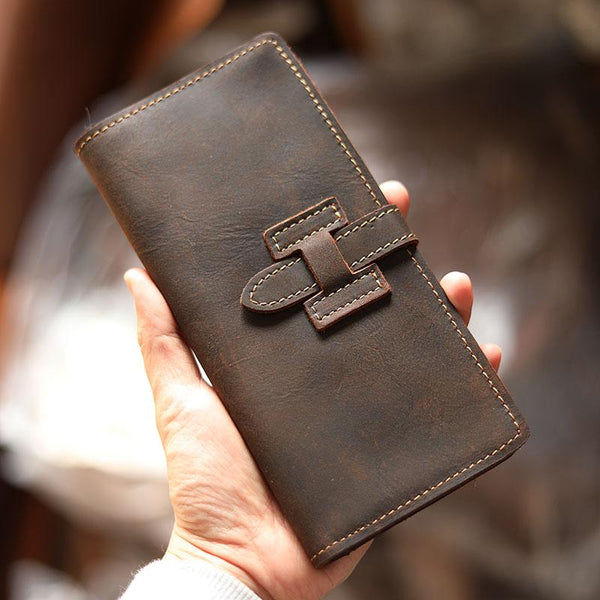 Handmade Dark Brown Leather Mens Bifold Long Wallet Cards Long Wallet For Men - imessengerbags