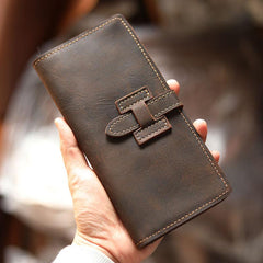 Handmade Dark Brown Leather Mens Bifold Long Wallet Cards Long Wallet For Men