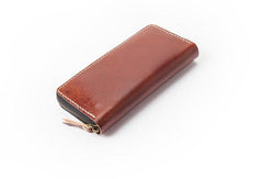 Dark Brown Handmade Leather Mens Long Wallet Zipper Bifold Long Clutch Wallets For Men