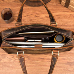 Vintage Brown Leather Mens 14 inches Briefcase Laptop Briefcase Business Bags Work Bags for Men - imessengerbags