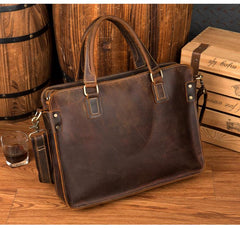 Vintage Brown Leather Mens 14 inches Briefcase Laptop Briefcase Business Bags Work Bags for Men