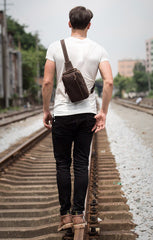 Vintage Brown Leather Mens Crossbody Pack Sling Bag Sling Pack Casual Chest Bags One Shoulder Backpack for Men - imessengerbags