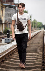 Vintage Brown Leather Mens Crossbody Pack Sling Bag Sling Pack Casual Chest Bags One Shoulder Backpack for Men - imessengerbags