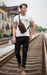 Vintage Brown Leather Mens Crossbody Pack Sling Bag Sling Pack Casual Chest Bags One Shoulder Backpack for Men - imessengerbags