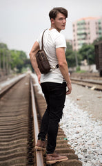 Vintage Brown Leather Mens Crossbody Pack Sling Bag Sling Pack Casual Chest Bags One Shoulder Backpack for Men - imessengerbags