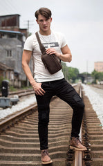 Vintage Brown Leather Mens Crossbody Pack Sling Bag Sling Pack Casual Chest Bags One Shoulder Backpack for Men - imessengerbags