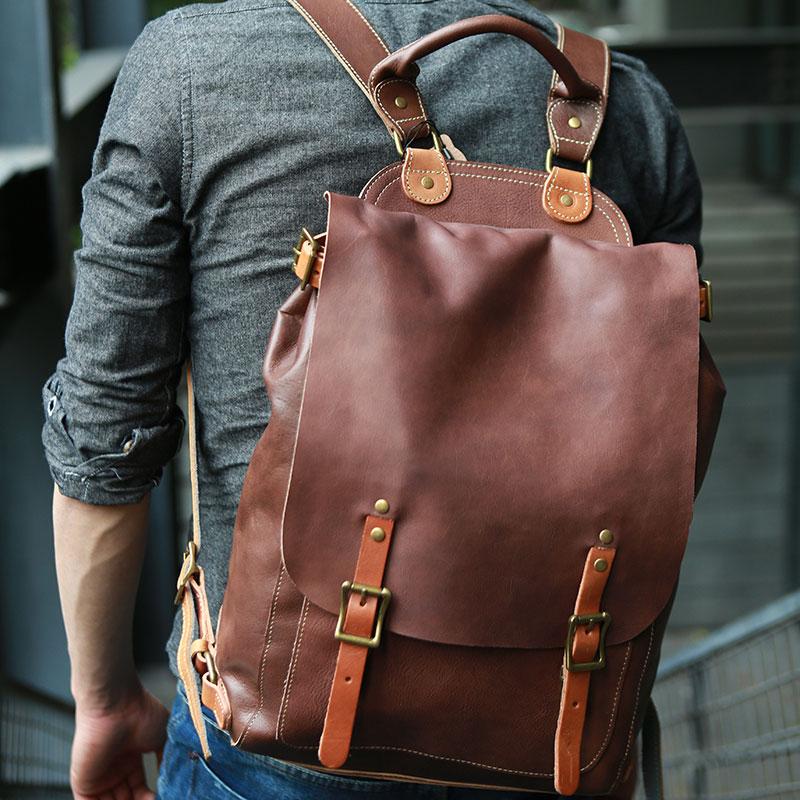 Dark Brown Leather Mens Backpack Travel Backpacks Laptop Backpack for men