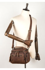 Vintage Dark Brown Leather Mens Camera Shoulder Bag Small Messenger Bag Courier Bag for Men - imessengerbags