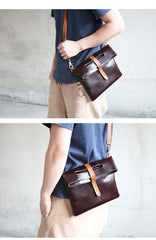 Dark Coffee  Leather Mens Casual Small Side Bags Messenger Bags Brown Postman Bag For Men - imessengerbags
