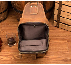 Cool Brown Leather Mens Sling Pack Sling Bag Crossbody Pack One Shoulder Pack Chest Bag for men - imessengerbags