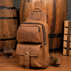 Cool Brown Leather Mens Sling Pack Sling Bag Crossbody Pack One Shoulder Pack Chest Bag for men