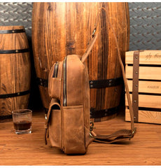 Cool Brown Leather Mens Sling Pack Sling Bag Crossbody Pack One Shoulder Pack Chest Bag for men - imessengerbags