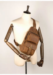 Cool Brown Leather Mens Sling Pack Sling Bag Crossbody Pack One Shoulder Pack Chest Bag for men - imessengerbags