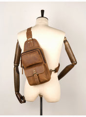 Cool Brown Leather Mens Sling Pack Sling Bag Crossbody Pack One Shoulder Pack Chest Bag for men - imessengerbags