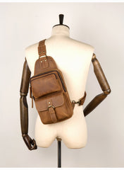 Cool Brown Leather Mens Sling Pack Sling Bag Crossbody Pack One Shoulder Pack Chest Bag for men