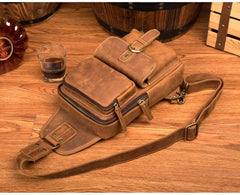 Cool Brown Leather Mens Sling Pack Sling Bag Crossbody Pack One Shoulder Pack Chest Bag for men - imessengerbags