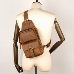 Cool Brown Leather Mens Sling Pack Sling Bag Crossbody Pack One Shoulder Pack Chest Bag for men - imessengerbags