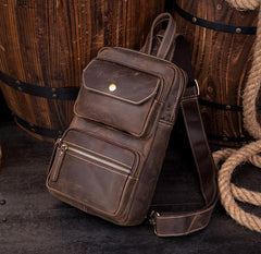 Cool Brown Leather Mens Sling Pack Sling Bags Coffee Crossbody Pack Chest Bag for men
