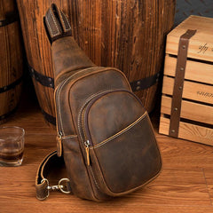Cool Dark Brown Leather Mens Crossbody Pack Sling Bags Brown One Shoulder Pack Chest Bag for men - imessengerbags