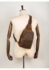 Cool Dark Brown Leather Mens Crossbody Pack Sling Bags Brown One Shoulder Pack Chest Bag for men - imessengerbags