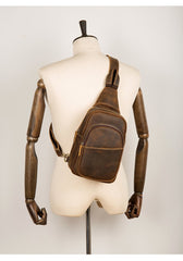 Cool Dark Brown Leather Mens Crossbody Pack Sling Bags Brown One Shoulder Pack Chest Bag for men