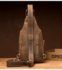Cool Dark Brown Leather Mens Crossbody Pack Sling Bags Brown One Shoulder Pack Chest Bag for men
