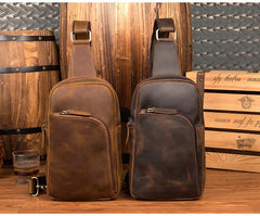 Dark Brown Leather Mens Cool Sling Bags Brown Crossbody Pack Chest Bag One Shoulder Backpack for men