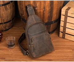 Cool Dark Brown Leather Mens Sling Bags Crossbody Pack One Shoulder Backpack Chest Bag for men - imessengerbags