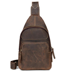 Cool Dark Brown Leather Mens Sling Bags Crossbody Pack One Shoulder Backpack Chest Bag for men