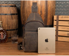 Cool Dark Brown Leather Mens Sling Bags Crossbody Pack One Shoulder Backpack Chest Bag for men - imessengerbags