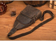 Cool Dark Brown Leather Mens Sling Bags Crossbody Pack One Shoulder Backpack Chest Bag for men - imessengerbags