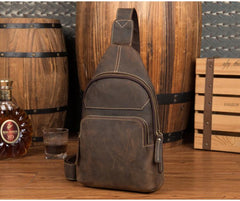 Cool Dark Brown Leather Mens Sling Bags Crossbody Pack One Shoulder Backpack Chest Bag for men - imessengerbags