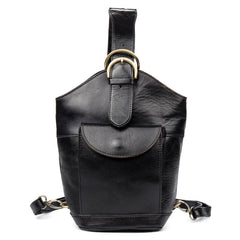Black Leather Mens Cool Bucket Small Sling Bags Backpack Crossbody Pack Chest Bag for Men