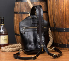 Black Leather Mens Cool Bucket Small Sling Bags Backpack Crossbody Pack Chest Bag for Men - imessengerbags