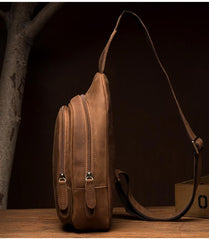 Cool Dark Brown Leather Mens Cool Sling Bag Crossbody Pack Brown Chest Bag Sling Pack for men - imessengerbags