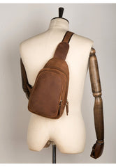 Cool Dark Brown Leather Mens Cool Sling Bag Crossbody Pack Brown Chest Bag Sling Pack for men - imessengerbags