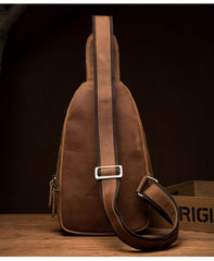 Cool Dark Brown Leather Mens Cool Sling Bag Crossbody Pack Brown Chest Bag Sling Pack for men - imessengerbags