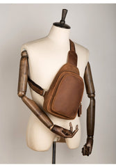 Cool Dark Brown Leather Mens Cool Sling Bag Crossbody Pack Brown Chest Bag Sling Pack for men - imessengerbags