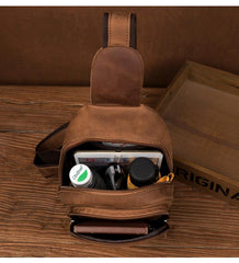 Cool Dark Brown Leather Mens Cool Sling Bag Crossbody Pack Brown Chest Bag Sling Pack for men - imessengerbags